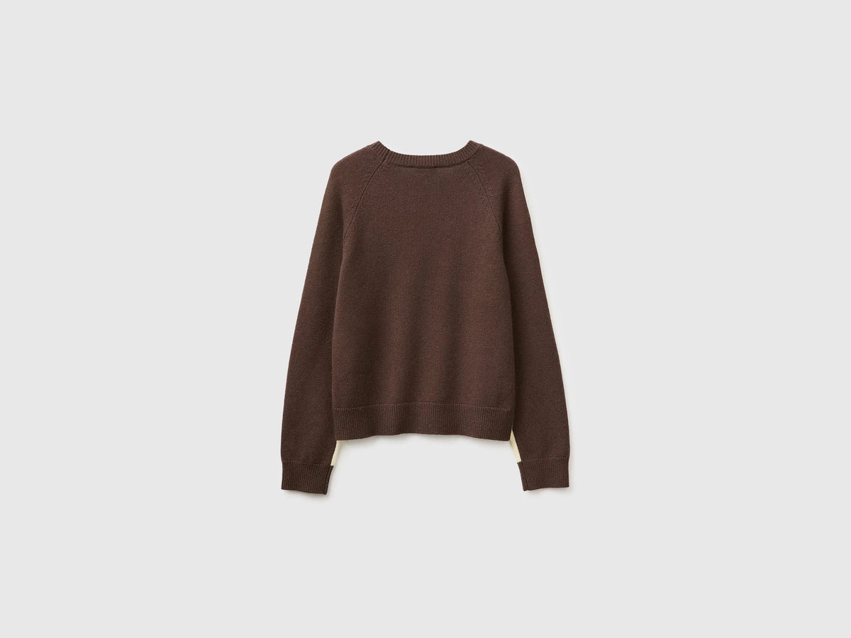Benetton Creamy White Women 100% Wool Color Block Sweater SKU: 1M6NE10I0_903 Image 06