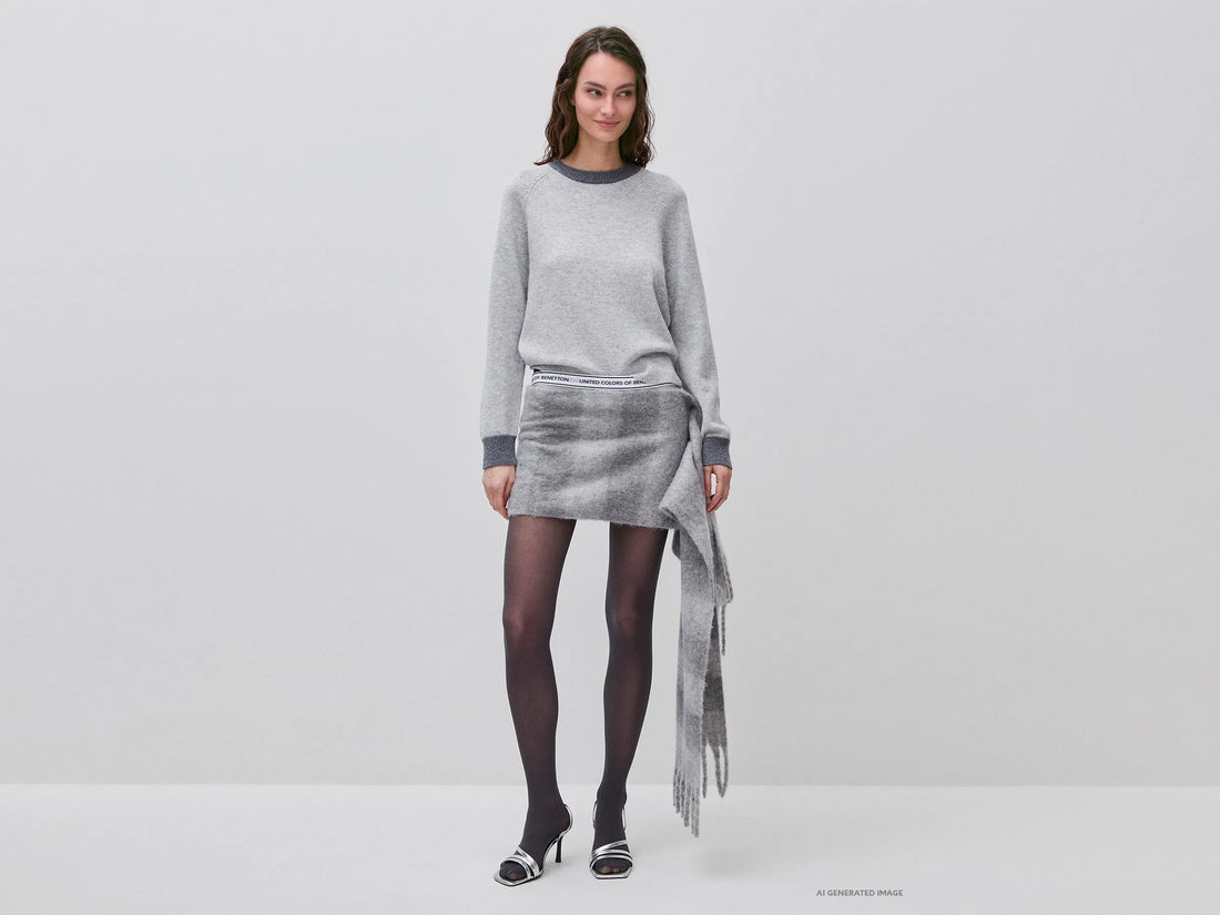 Benetton Light Gray Women 100% Wool Color Block Sweater SKU: 1M6NE10I0_904 Image 03