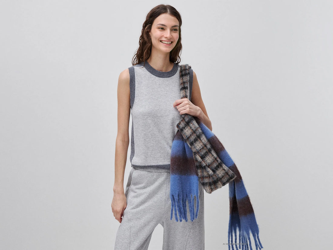 Benetton Light Gray Women 100% Wool Color Block Knitted Vest SKU: 1M6NE10I1_904 Image 01