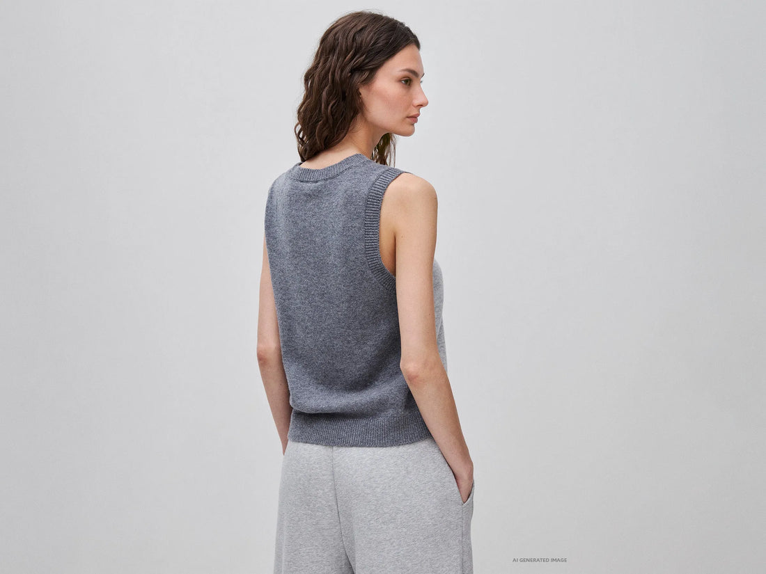 Benetton Light Gray Women 100% Wool Color Block Knitted Vest SKU: 1M6NE10I1_904 Image 02