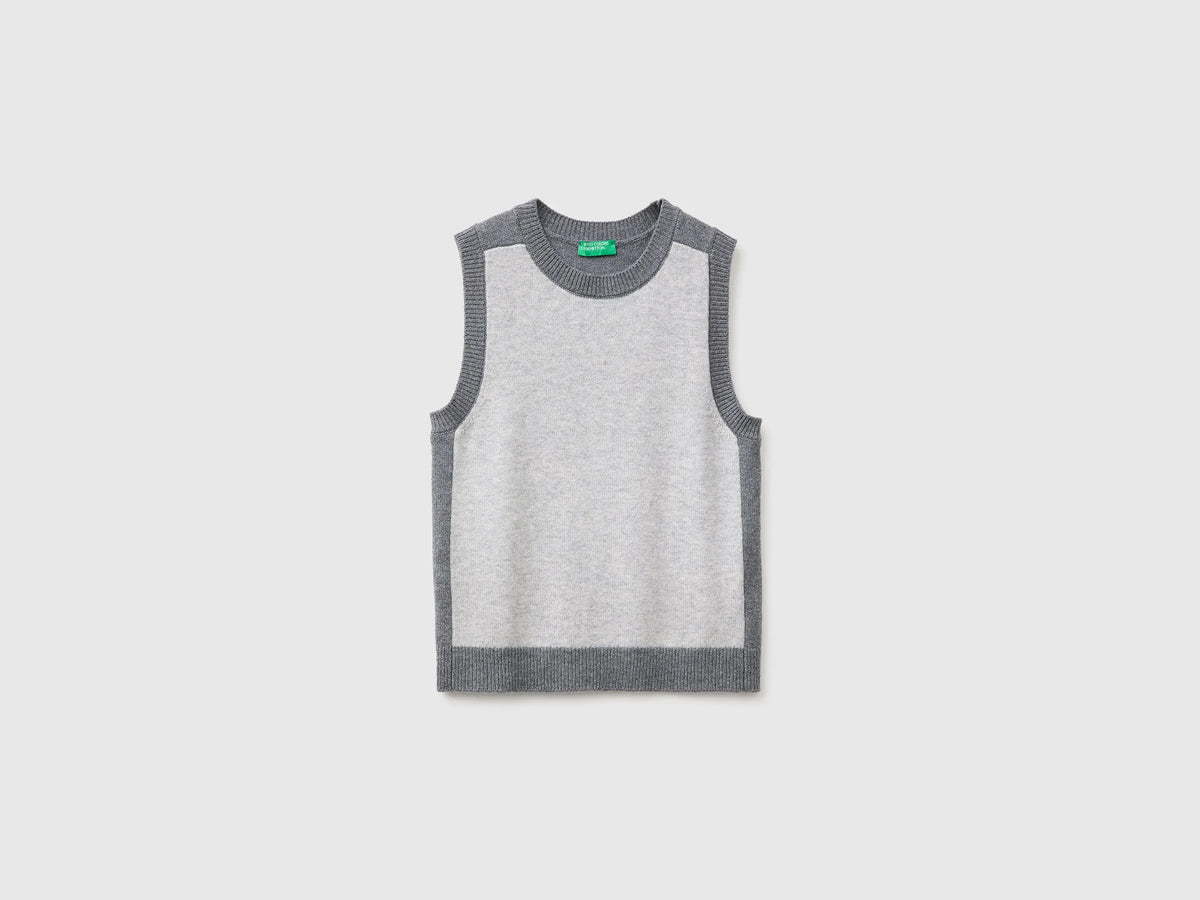 Benetton Light Gray Women 100% Wool Color Block Knitted Vest SKU: 1M6NE10I1_904 Image 05