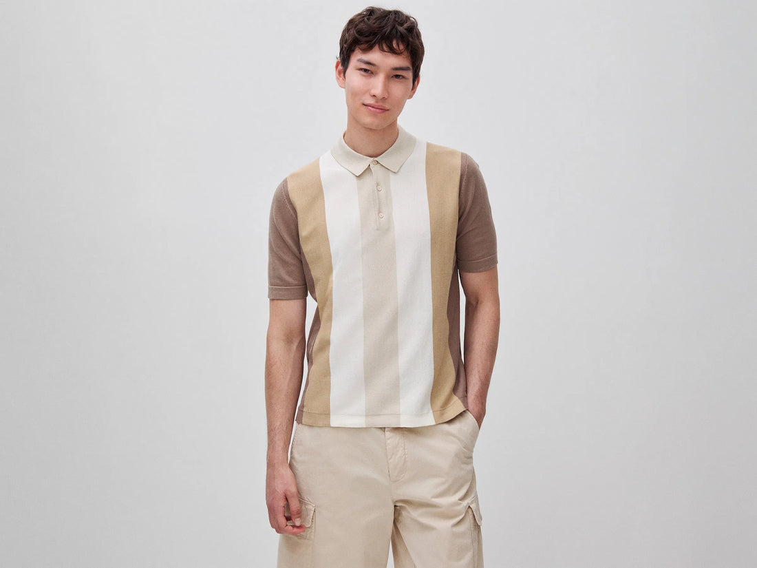 Benetton Beige Men Striped Knit Polo Shirt SKU: 1MQPU301W_152 Image 01
