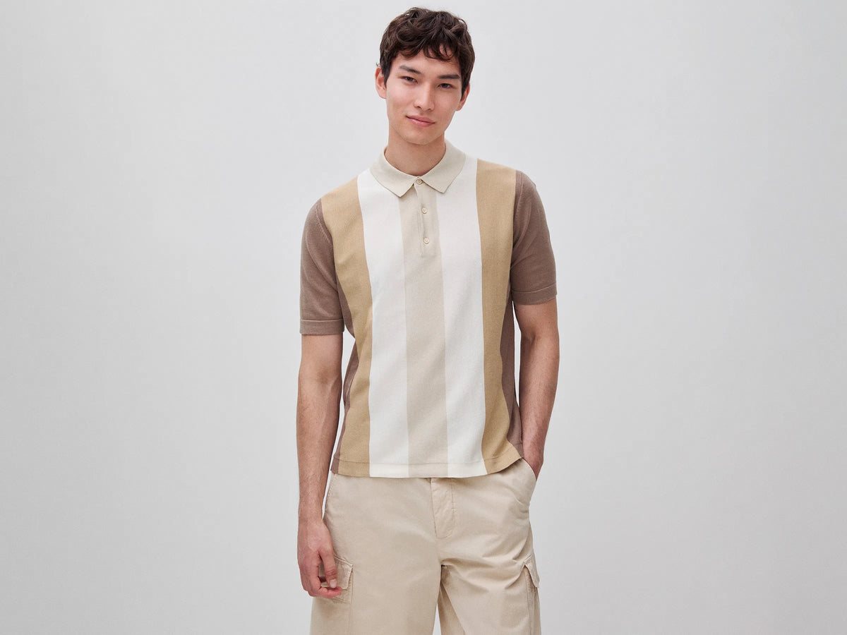 Benetton Beige Men Striped Knit Polo Shirt SKU: 1MQPU301W_152 Image 01