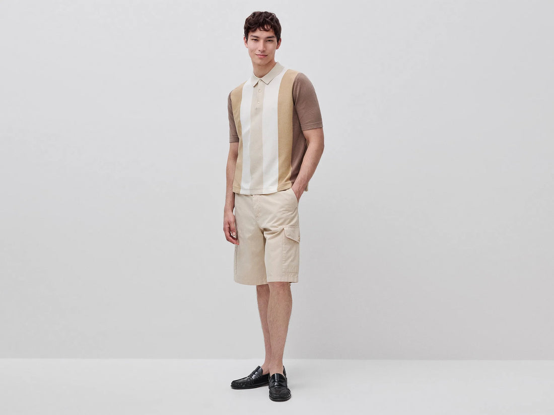Benetton Beige Men Striped Knit Polo Shirt SKU: 1MQPU301W_152 Image 02