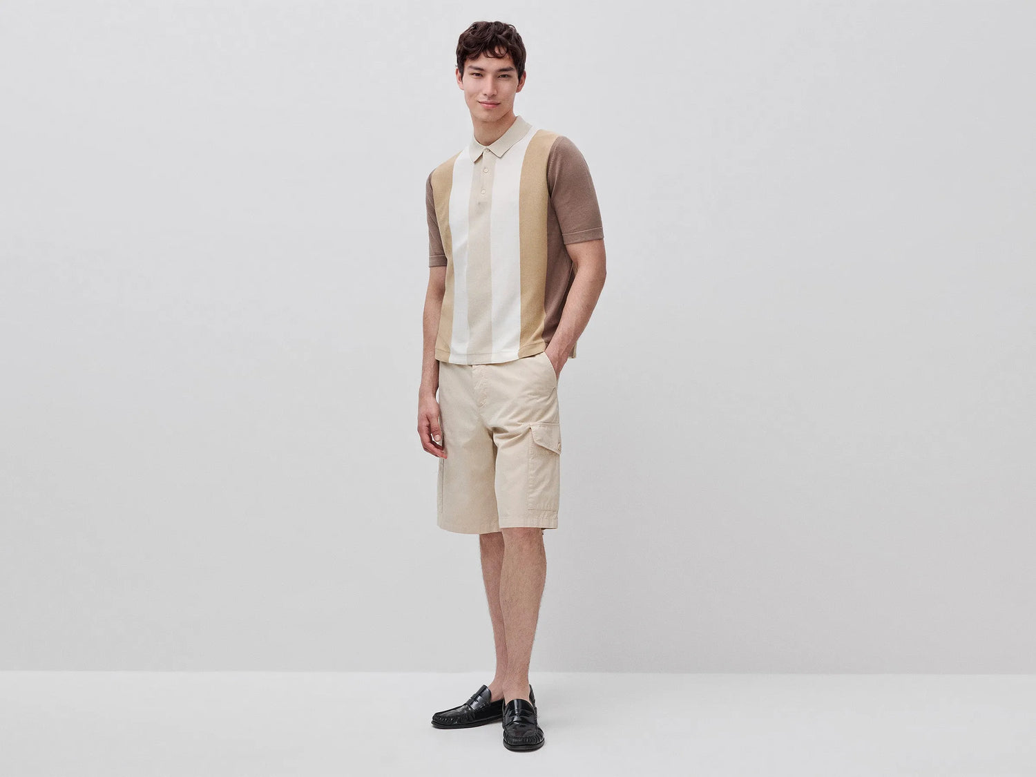 Benetton Beige Men Striped Knit Polo Shirt SKU: 1MQPU301W_152 Image 02