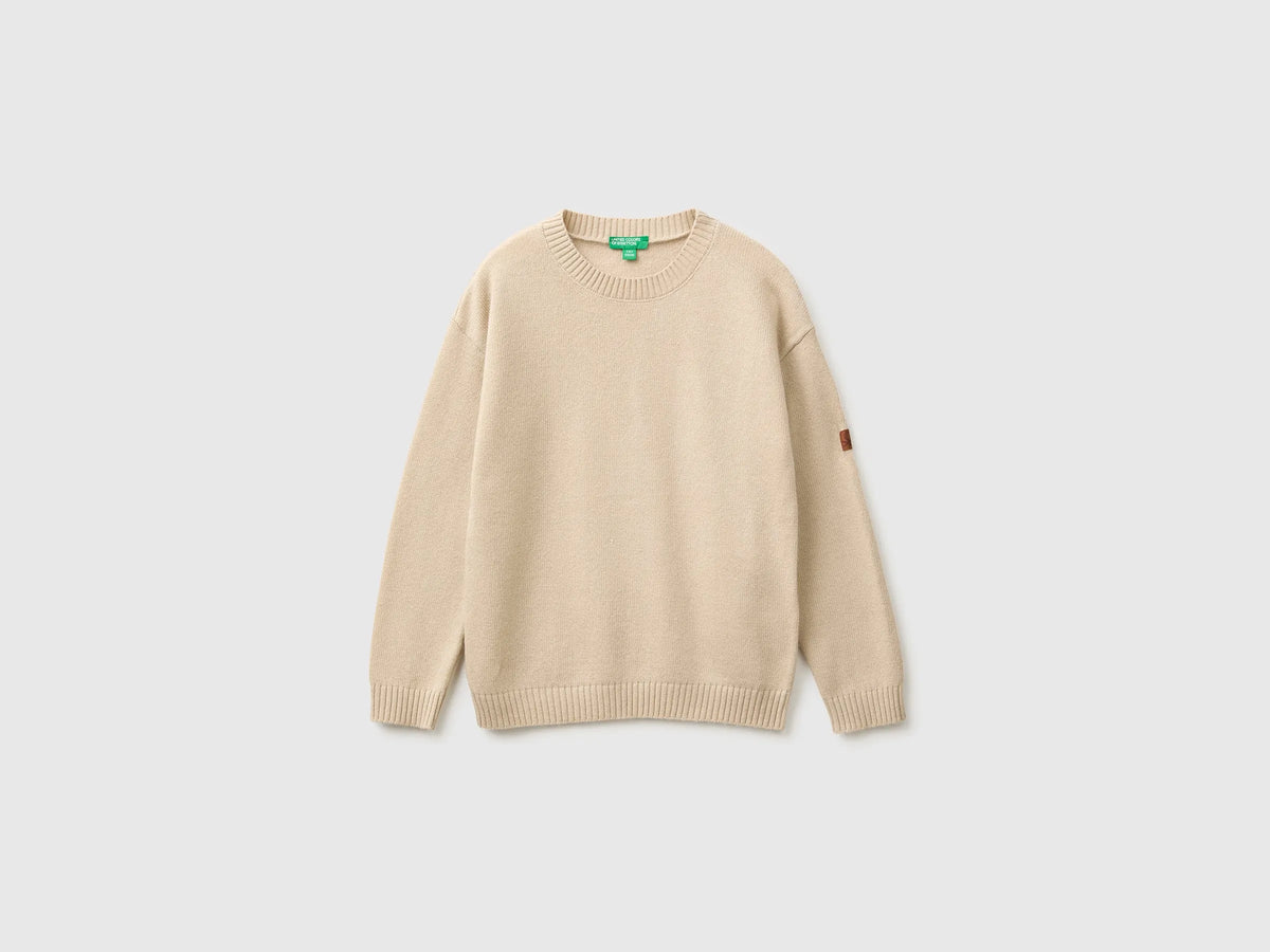 Benetton Beige Boys Wool and Viscose Blend Sweater SKU: 1NRHC10AE_14Z Image 01