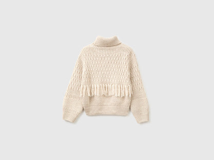 Benetton Creamy White Girls Fringed Jumper in a Wool Blend SKU: 1OEPC200U_901 Image 02