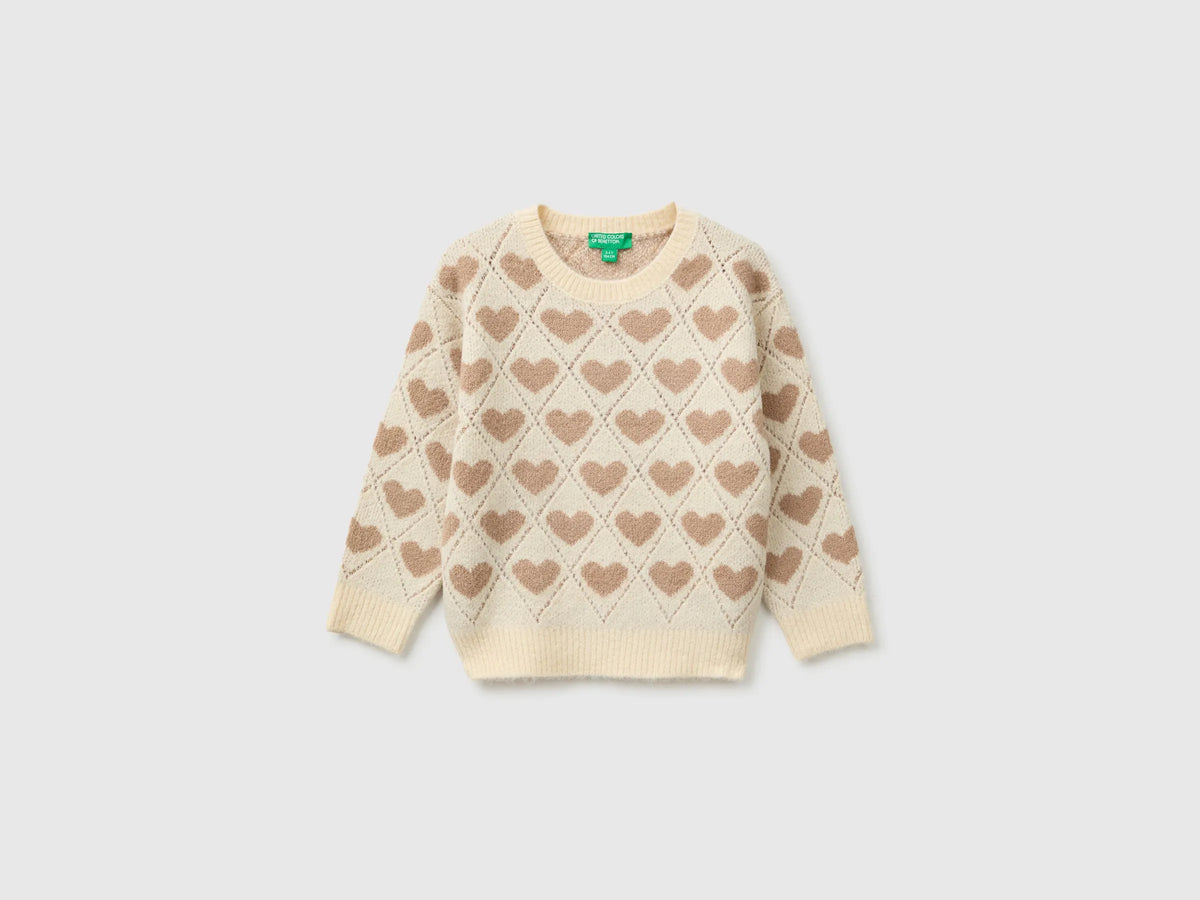 Benetton Creamy White Girls Sweater with Heart Inlay SKU: 1OHHH103D_901 Image 01
