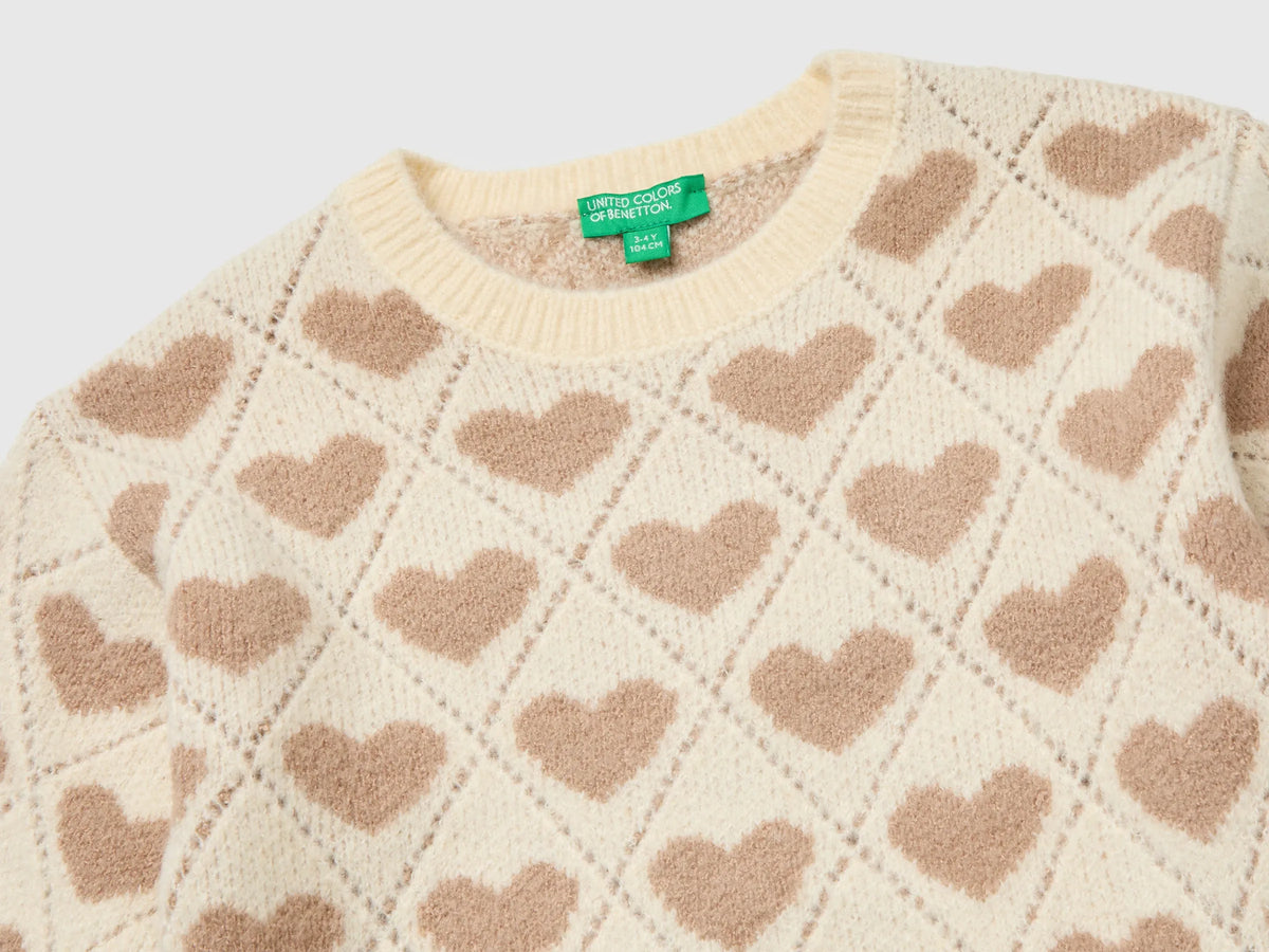 Benetton Creamy White Girls Sweater with Heart Inlay SKU: 1OHHH103D_901 Image 03