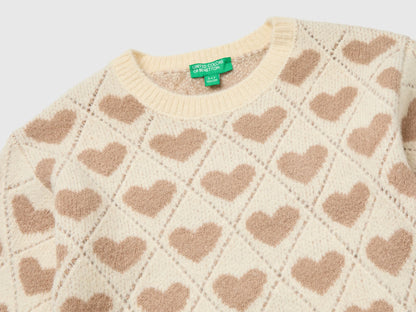 Benetton Creamy White Girls Sweater with Heart Inlay SKU: 1OHHH103D_901 Image 03