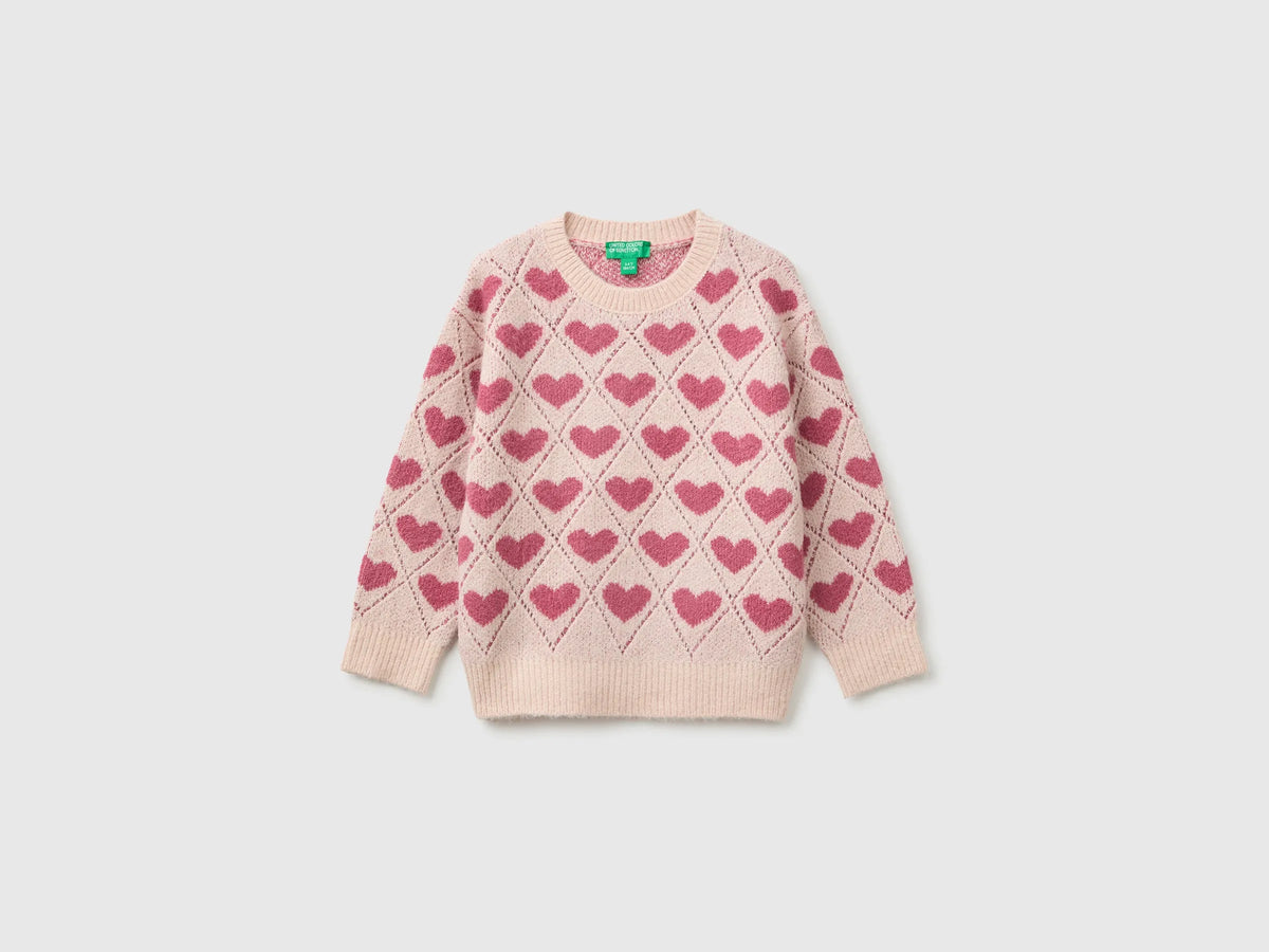 Benetton Soft Pink Girls Sweater with Heart Inlay SKU: 1OHHH103D_902 Image 01