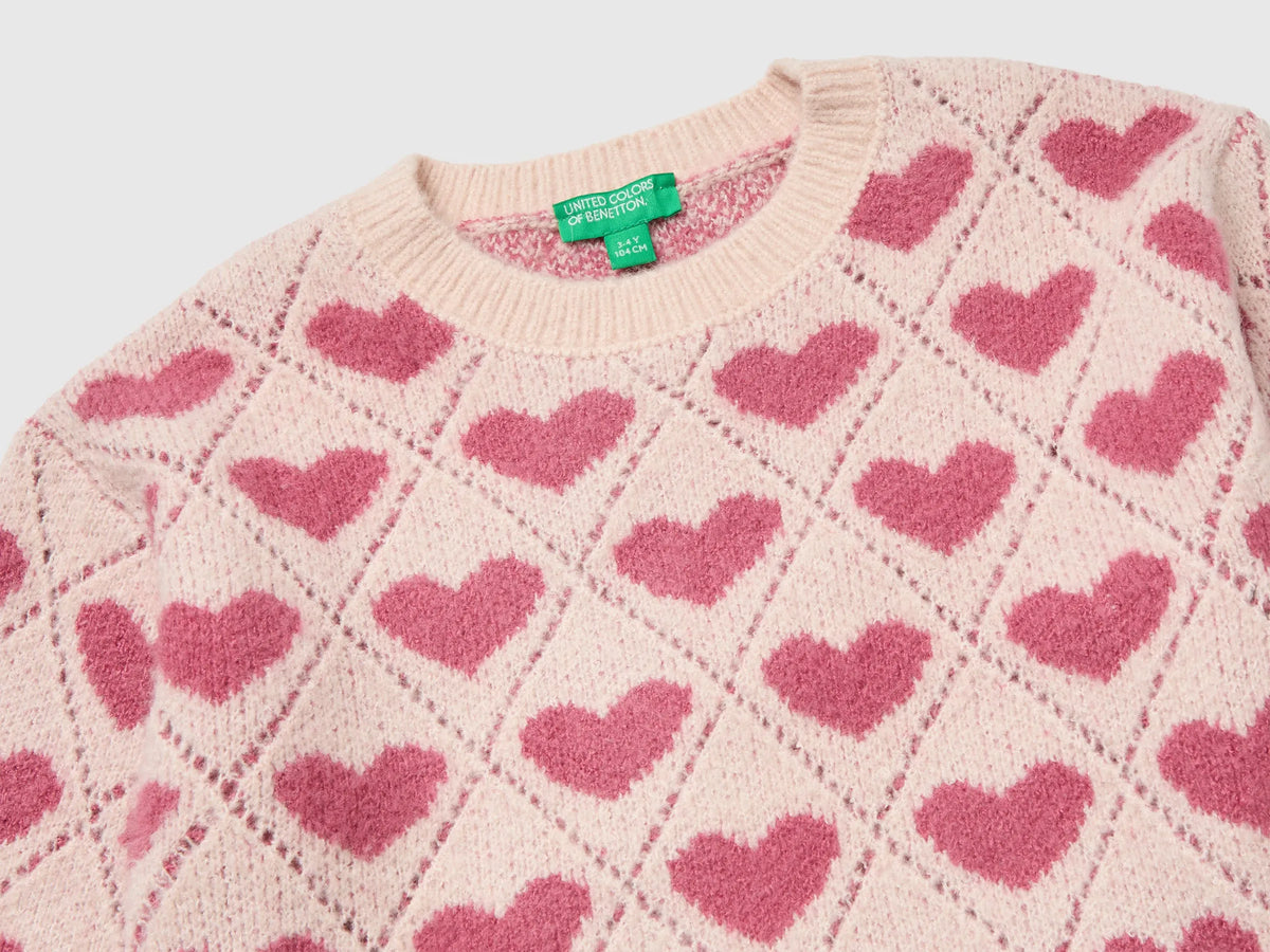 Benetton Soft Pink Girls Sweater with Heart Inlay SKU: 1OHHH103D_902 Image 03