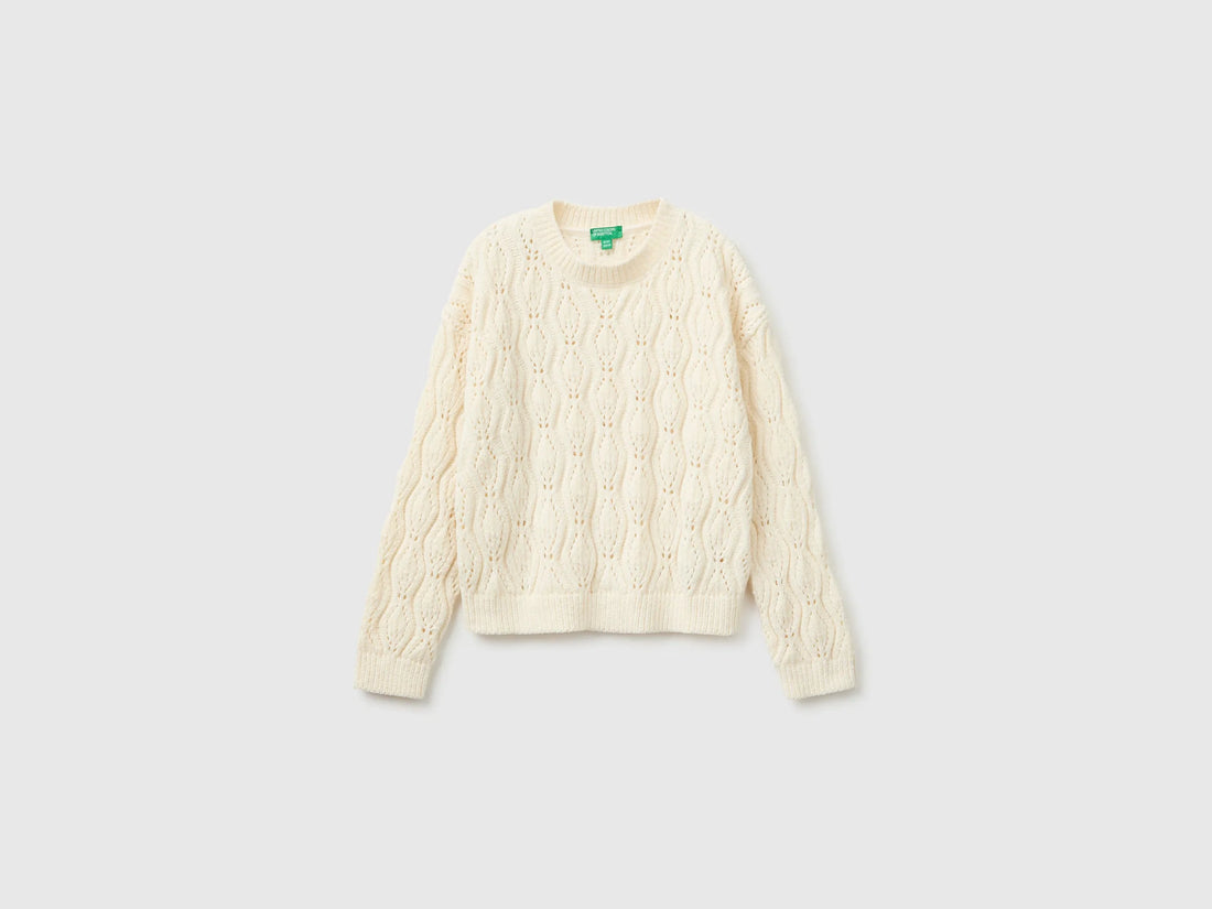 Benetton Creamy White Girls Chenille Crew Neck Sweater SKU: 1PEUC10AG_0R2 Image 01