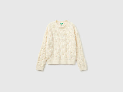 Benetton Creamy White Girls Chenille Crew Neck Sweater SKU: 1PEUC10AG_0R2 Image 01