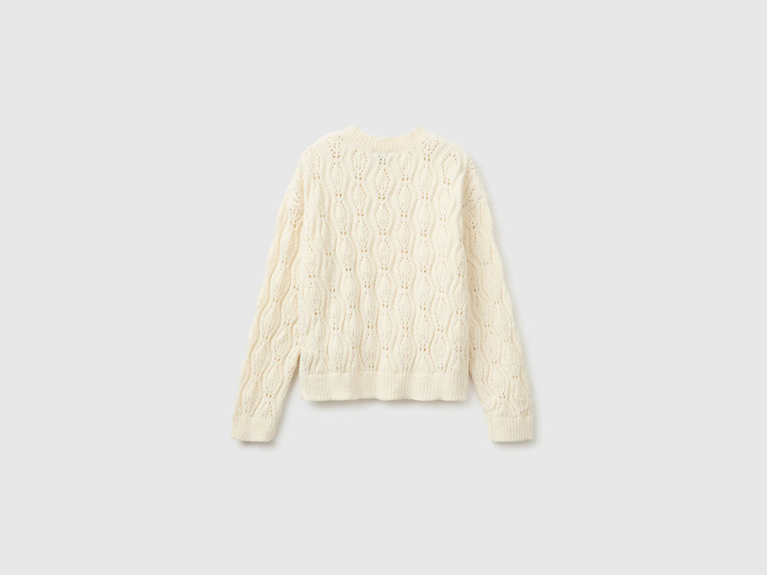 Benetton Creamy White Girls Chenille Crew Neck Sweater SKU: 1PEUC10AG_0R2 Image 02
