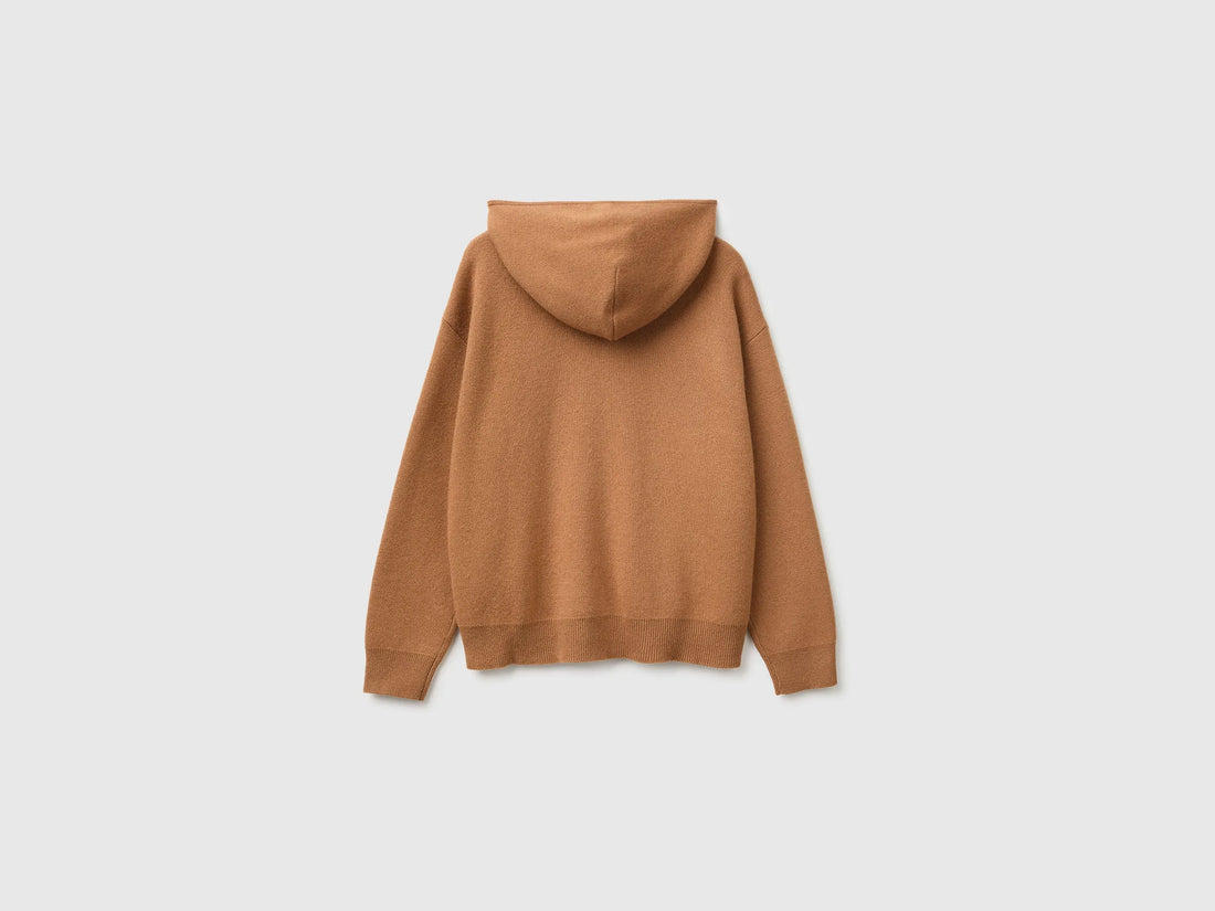 Benetton Camel Women Zip-Up Hooded Jumper in a Wool and Cashmere Blend SKU: 1S9ZD502Z_10G Image 02