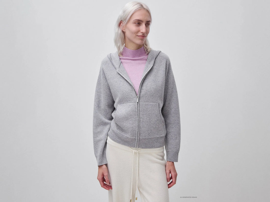 Benetton Light Gray Women Zip-Up Hooded Jumper in a Wool and Cashmere Blend SKU: 1S9ZD502Z_501 Image 01