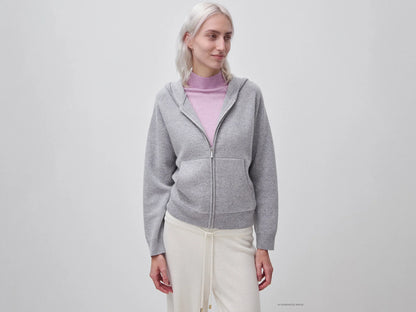 Benetton Light Gray Women Zip-Up Hooded Jumper in a Wool and Cashmere Blend SKU: 1S9ZD502Z_501 Image 01