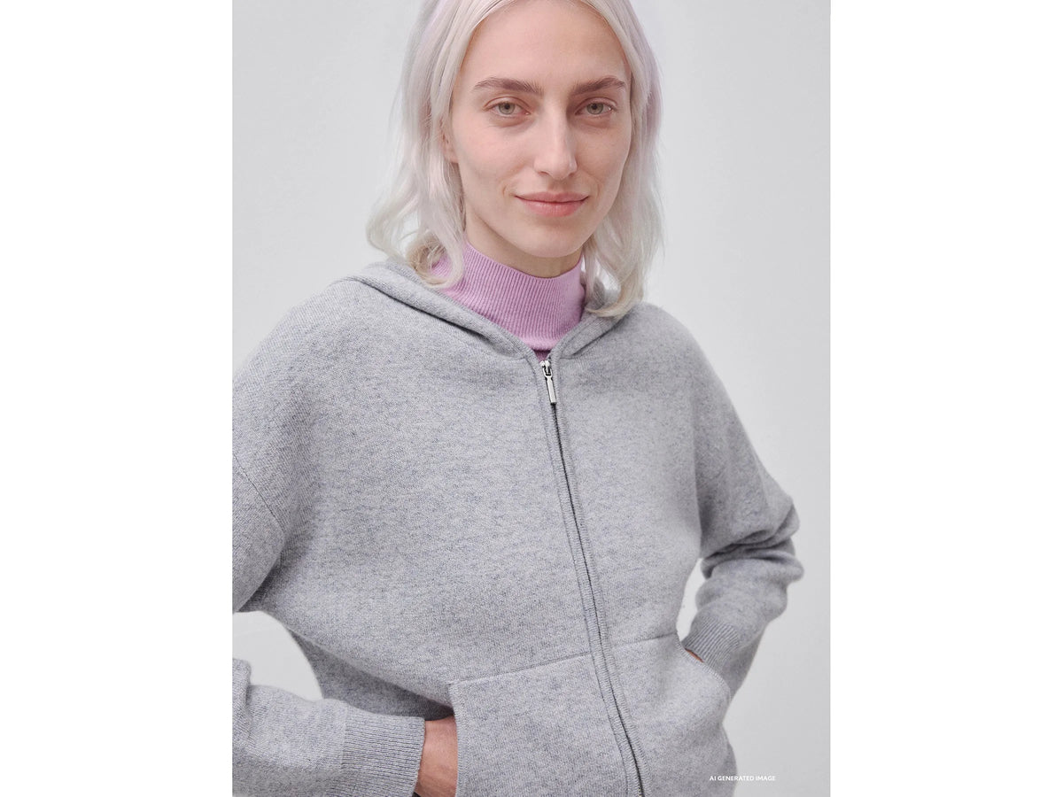 Benetton Light Gray Women Zip-Up Hooded Jumper in a Wool and Cashmere Blend SKU: 1S9ZD502Z_501 Image 04