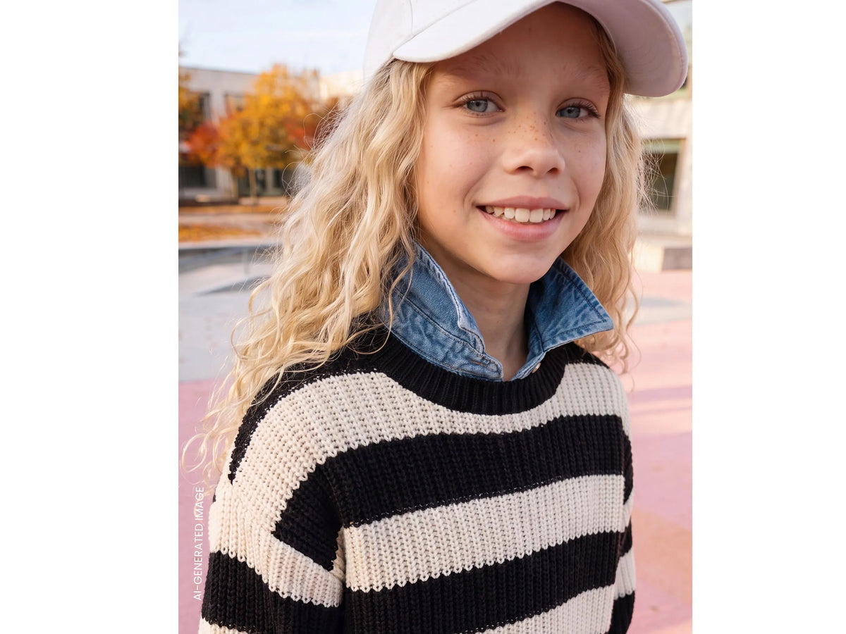 Benetton Black Girls Two-Tone Striped Sweater SKU: 1UWVQ10AF_901 Image 01