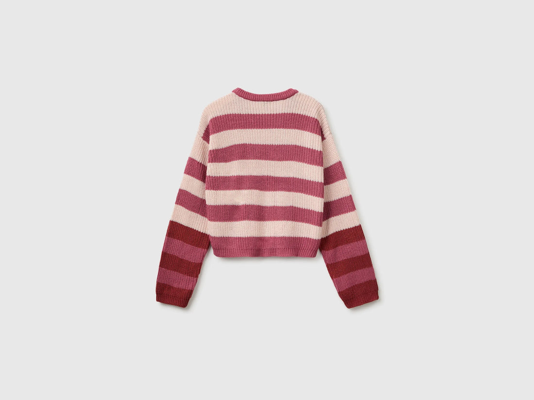 Benetton Fuchsia Girls Two-Tone Striped Sweater SKU: 1UWVQ10AF_903 Image 02