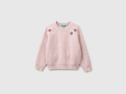 Benetton Pink Girls Wool Blend Sweater with Embroidered Flowers SKU: 1VCPG101D_197 Image 01
