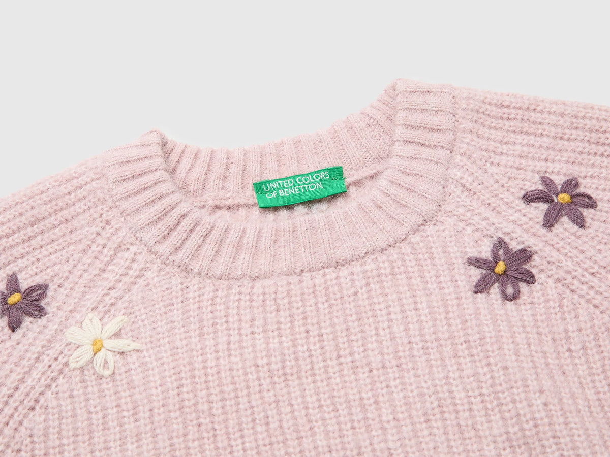 Benetton Pink Girls Wool Blend Sweater with Embroidered Flowers SKU: 1VCPG101D_197 Image 03