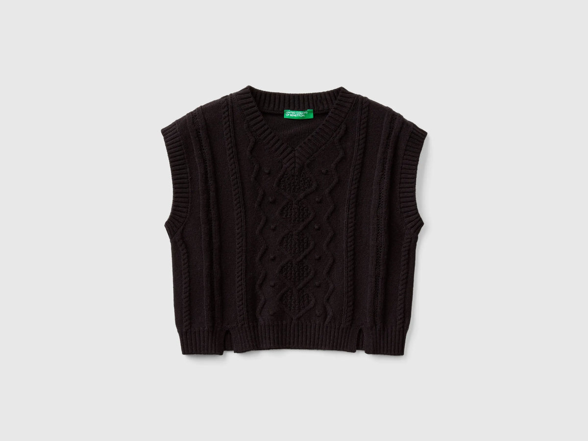 Benetton Black Girls Knit Vest SKU: 1WUAC400I_100 Image 01