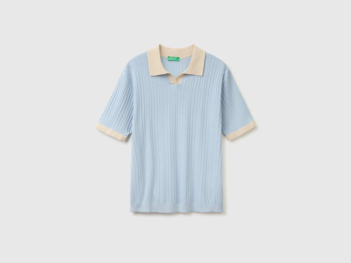 Benetton Light blue Men Ribbed Knit Polo Shirt SKU: 1X56U301V_12C Image 05