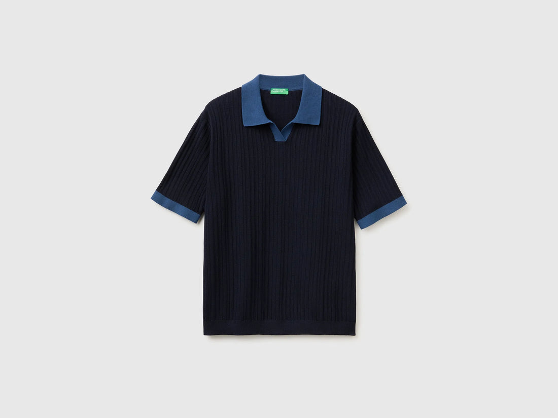Benetton Blue Men Ribbed Knit Polo Shirt SKU: 1X56U301V_3C1 Image 01