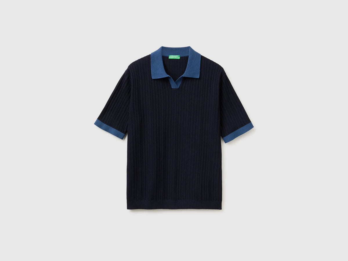Benetton Blue Men Ribbed Knit Polo Shirt SKU: 1X56U301V_3C1 Image 01