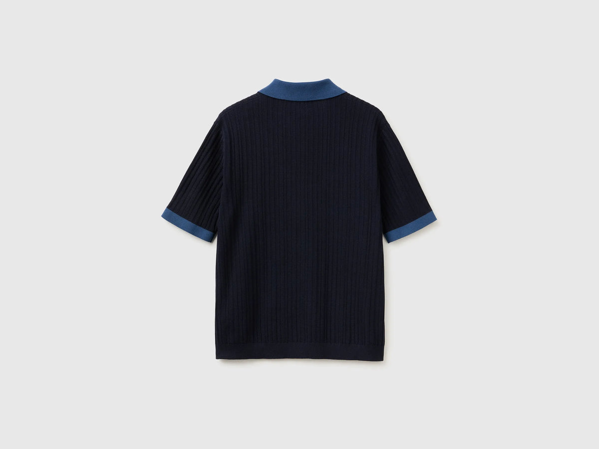 Benetton Blue Men Ribbed Knit Polo Shirt SKU: 1X56U301V_3C1 Image 02