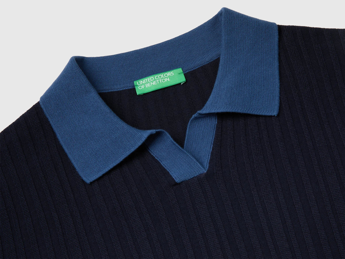 Benetton Blue Men Ribbed Knit Polo Shirt SKU: 1X56U301V_3C1 Image 03