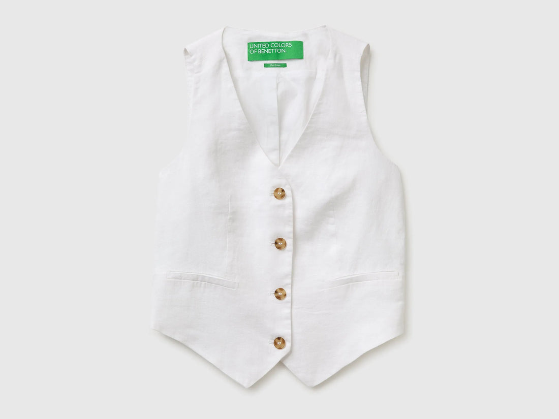 Benetton White Women 100% Linen Vest SKU: 2AGHDJ014_101 Image 01