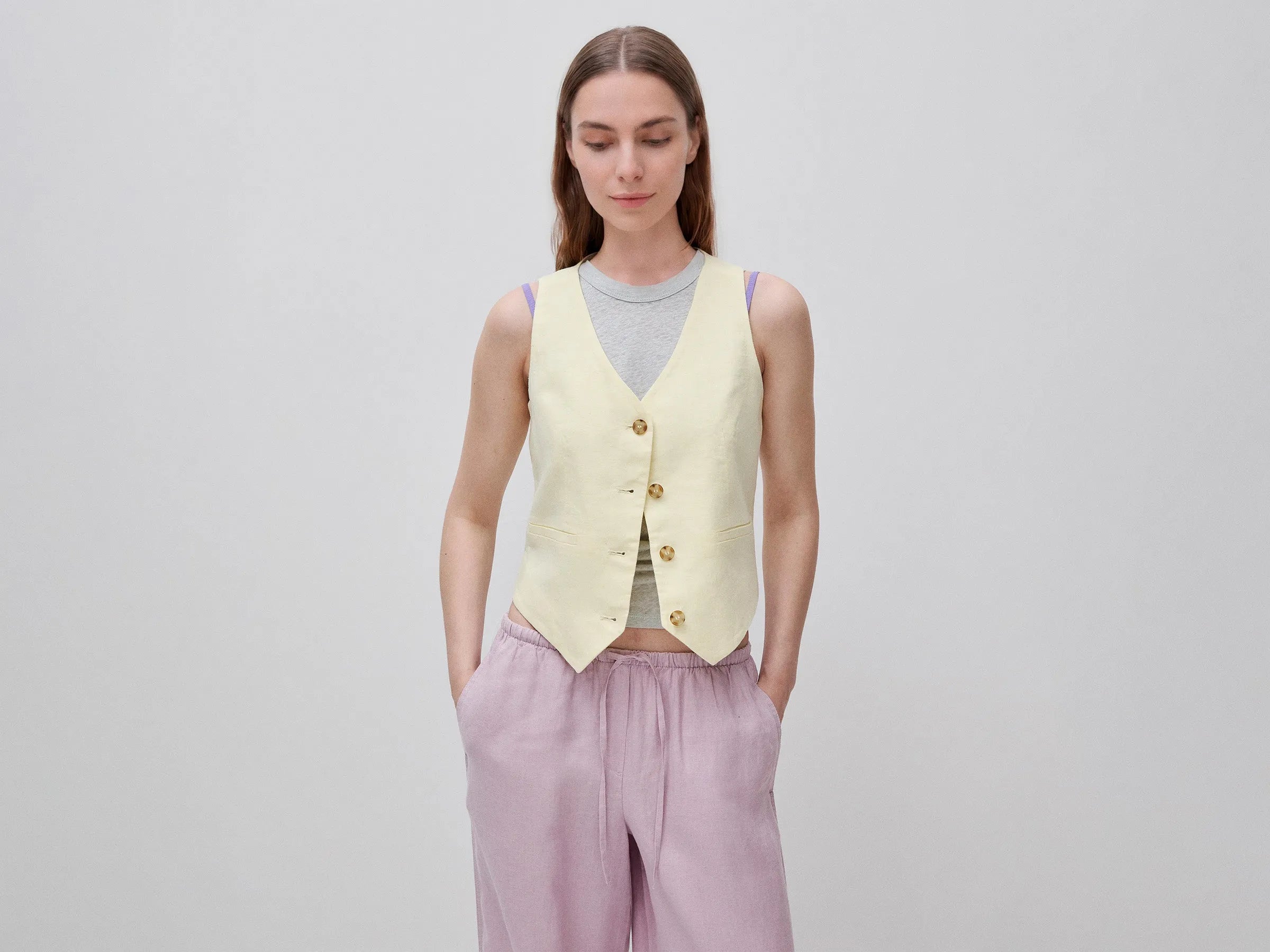 Benetton Yellow Women 100% Linen Vest SKU: 2AGHDJ014_198 Image 01