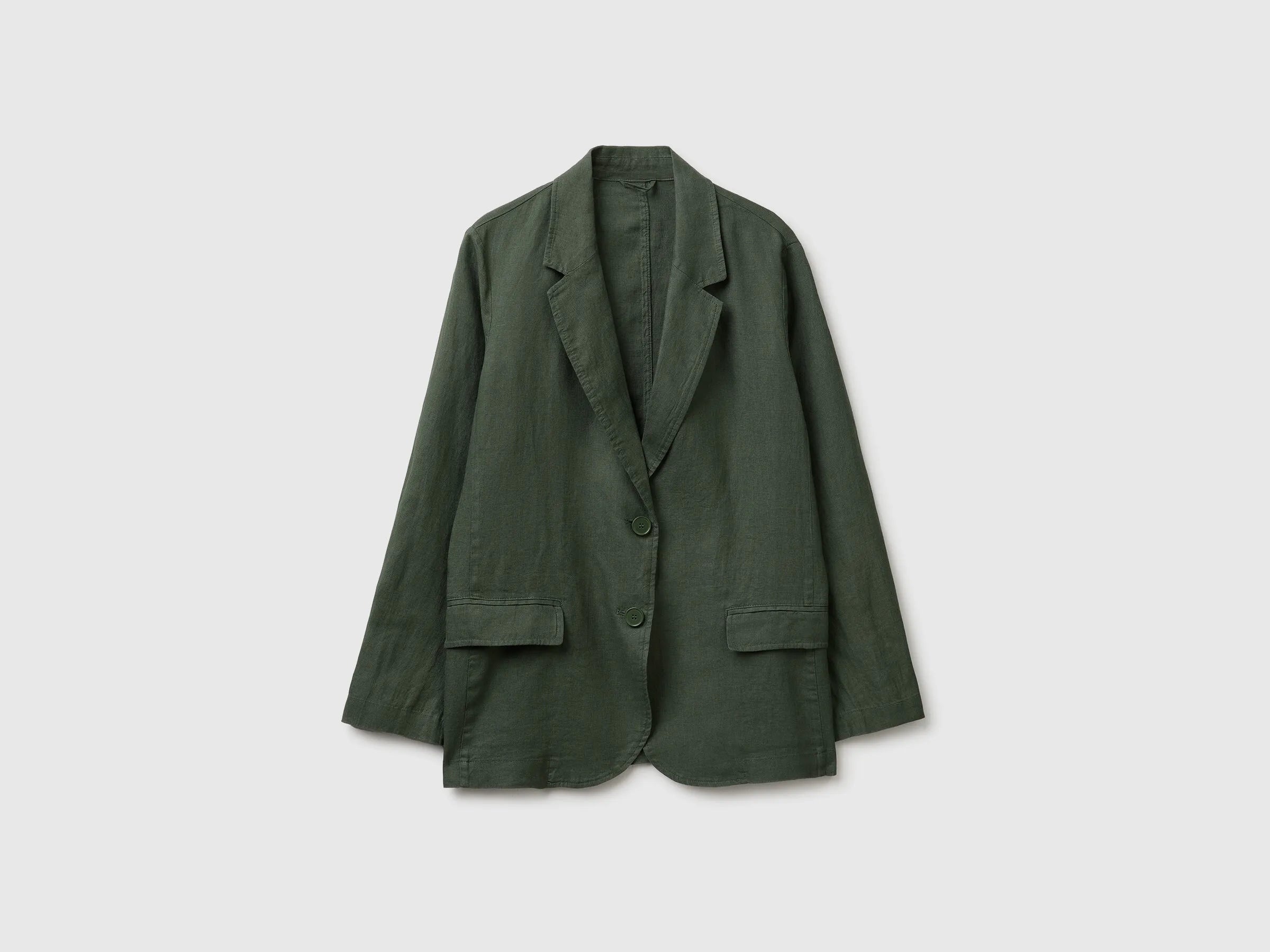 Benetton Military Green Women Blazer in Pure Linen SKU: 2AGHDW00R_20W Image 01