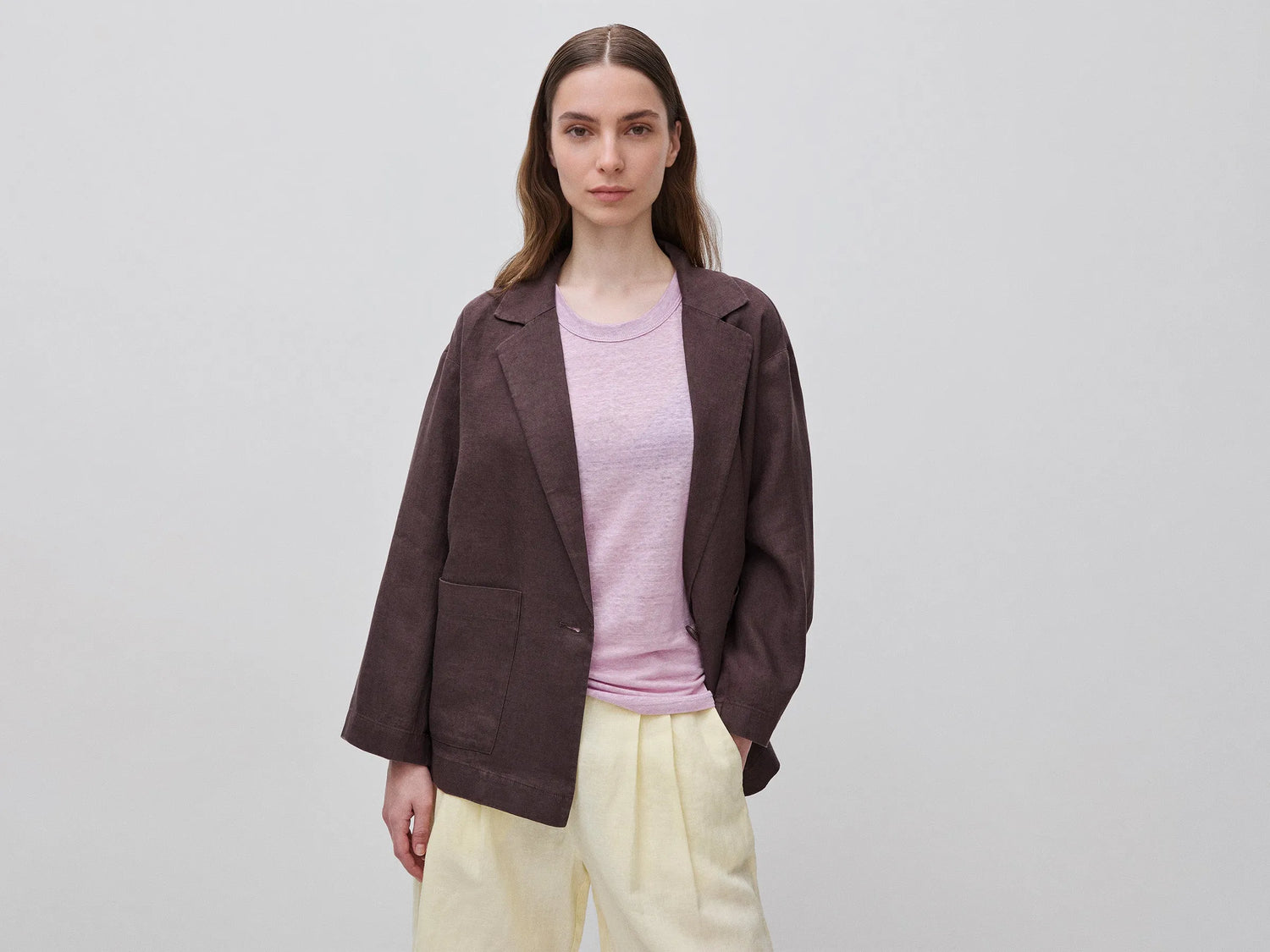 Benetton Brown Women 100% Linen Single-Breasted Blazer SKU: 2AGHDW03J_33T Image 01