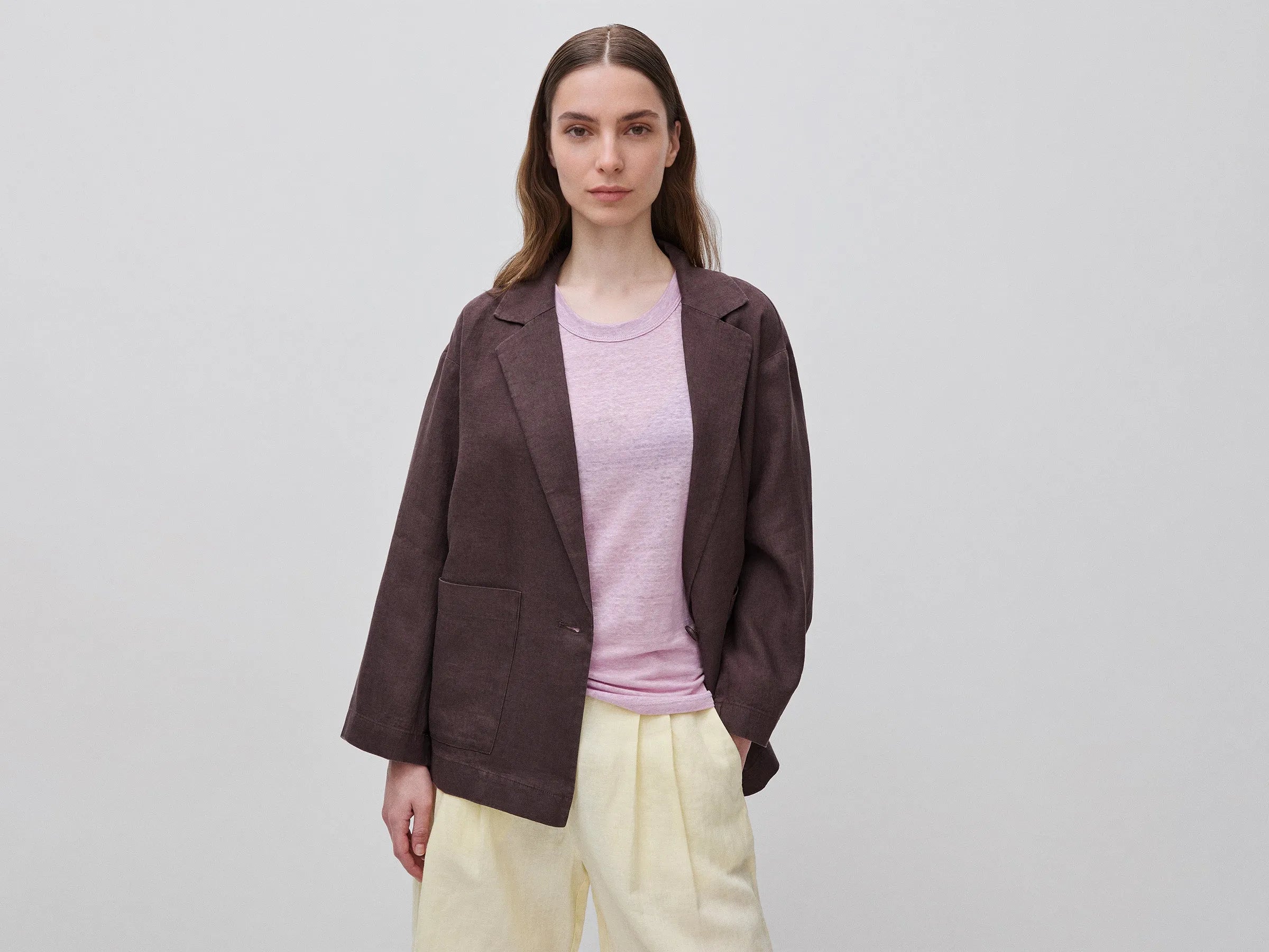 Benetton Brown Women 100% Linen Single-Breasted Blazer SKU: 2AGHDW03J_33T Image 01