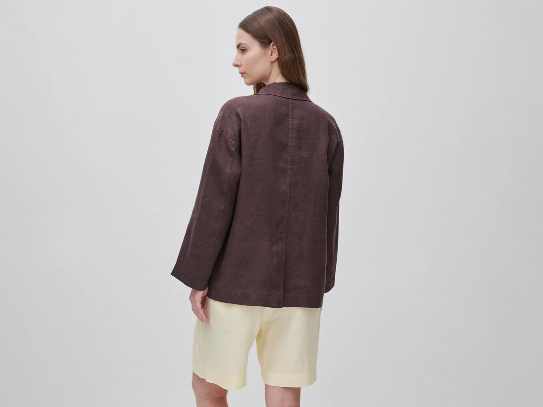 Benetton Brown Women 100% Linen Single-Breasted Blazer SKU: 2AGHDW03J_33T Image 02