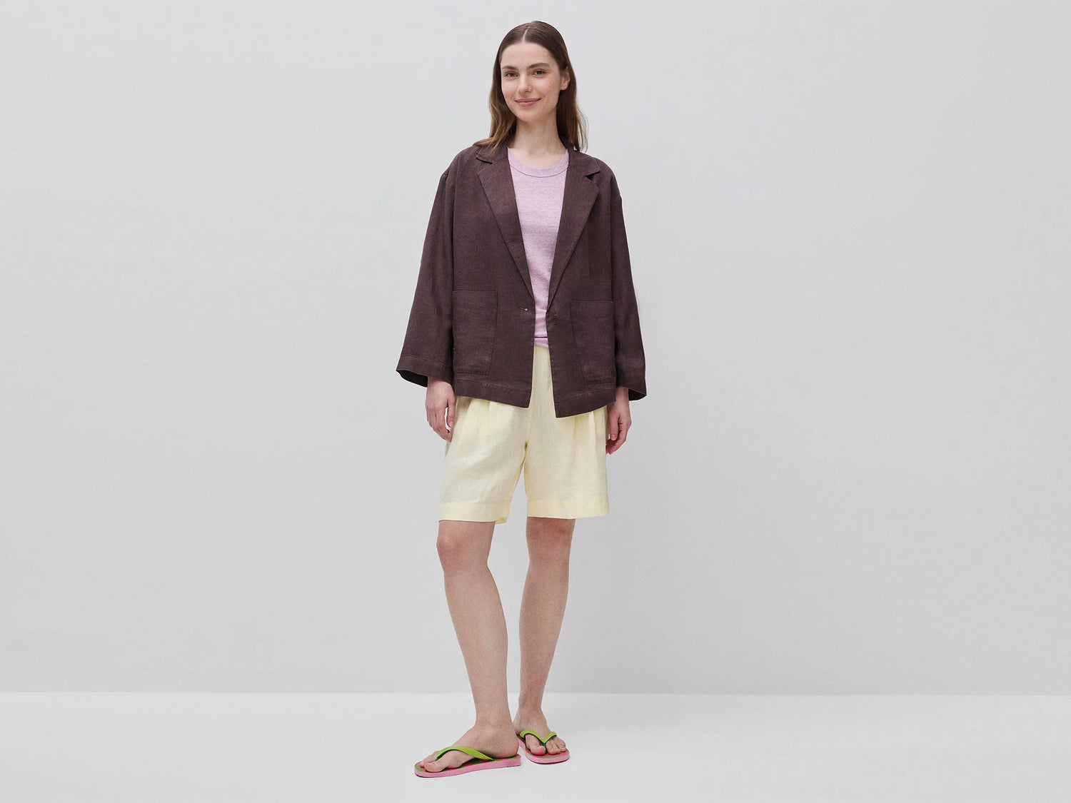 Benetton Brown Women 100% Linen Single-Breasted Blazer SKU: 2AGHDW03J_33T Image 03