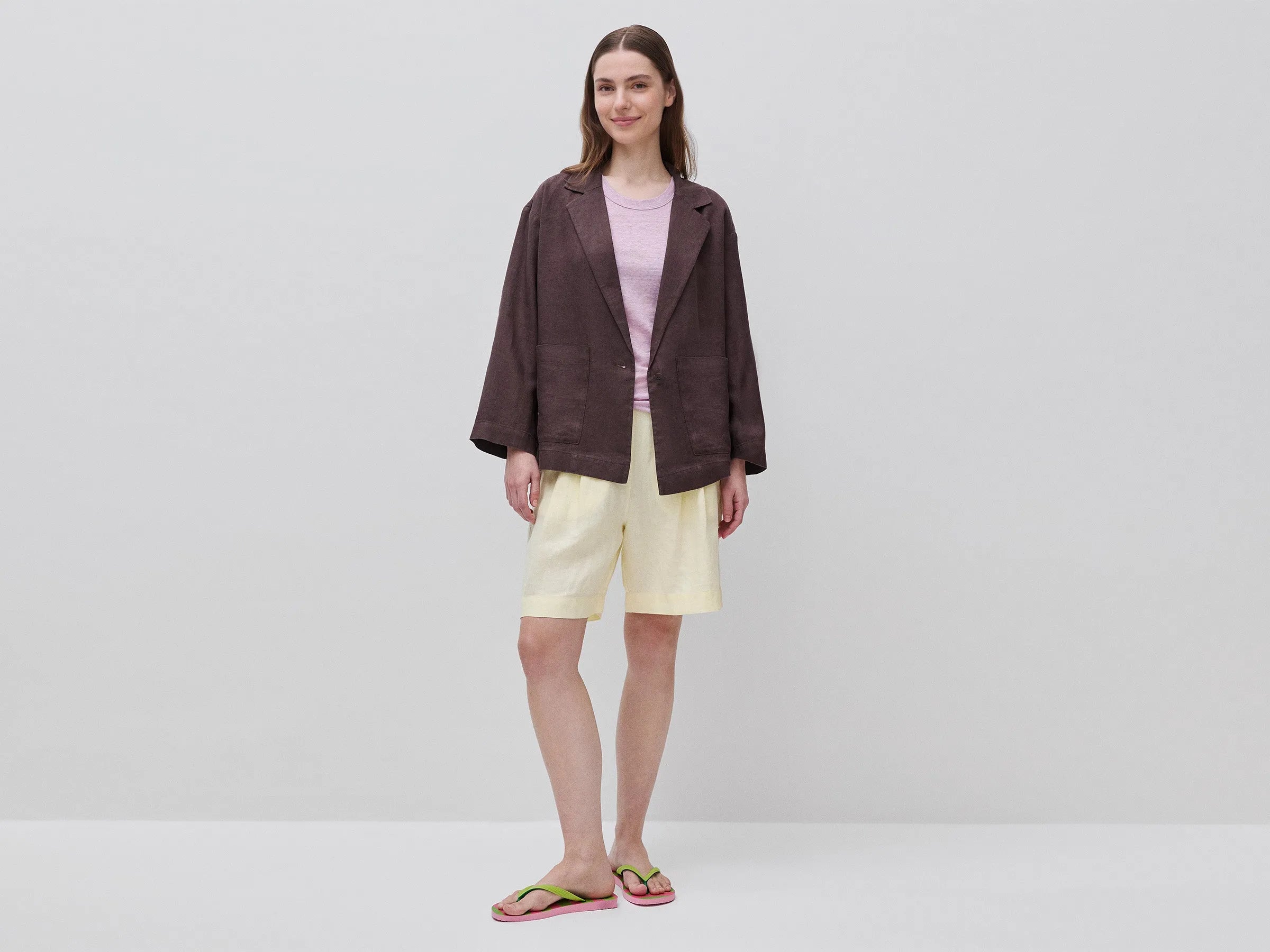 Benetton Brown Women 100% Linen Single-Breasted Blazer SKU: 2AGHDW03J_33T Image 03
