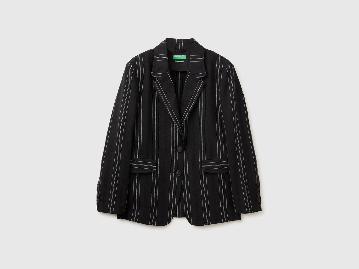 Benetton Black Women Striped Linen Blend Blazer SKU: 2K9FDW03Q_903 Image 01