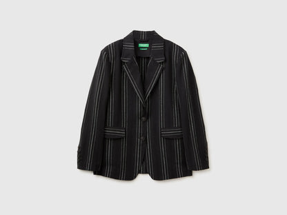 Benetton Black Women Striped Linen Blend Blazer SKU: 2K9FDW03Q_903 Image 01