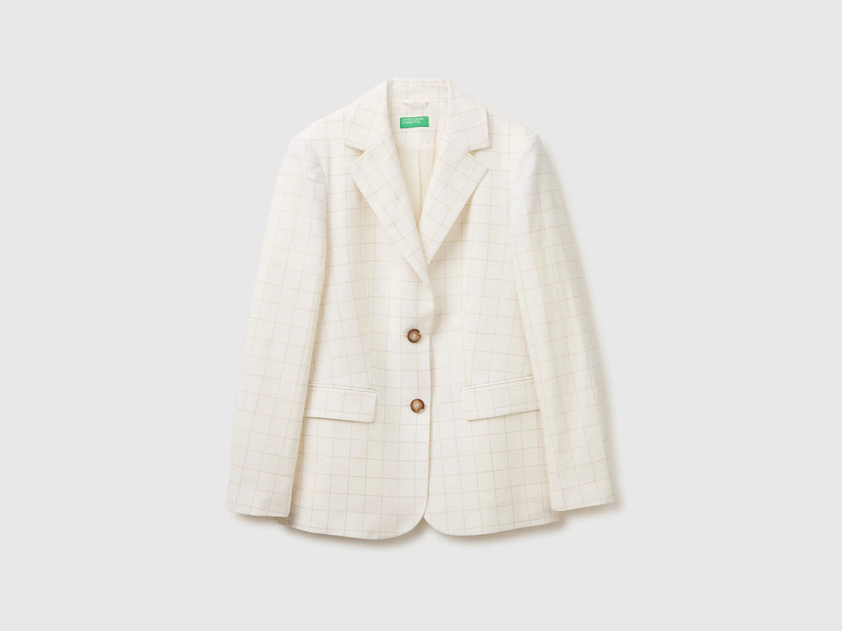Benetton Creamy White Women Checked Blazer SKU: 2V6GDW03O_901 Image 01