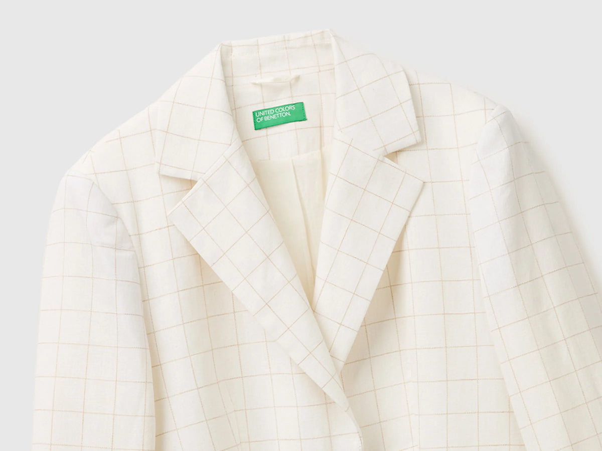 Benetton Creamy White Women Checked Blazer SKU: 2V6GDW03O_901 Image 03