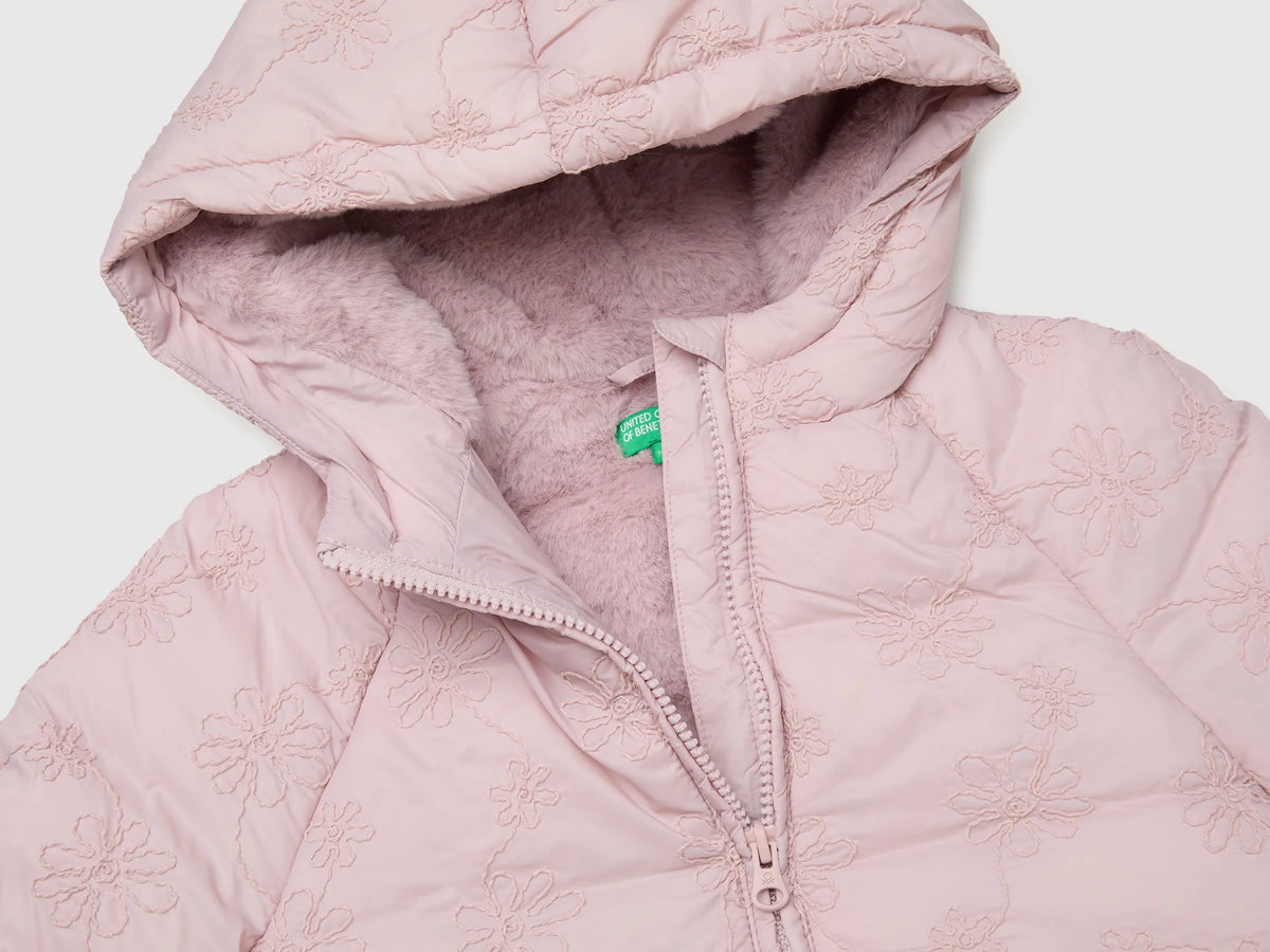 Benetton Pink Girls Down Jacket with Floral Embroidery and Hood SKU: 2ZHYGN04U_197 Image 03