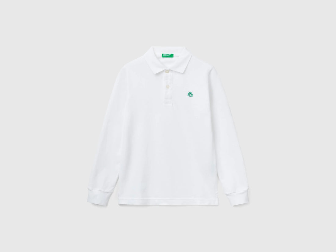 Benetton White Boys Long Sleeve Polo in Cotton SKU: 3089C300Z_101 Image 01