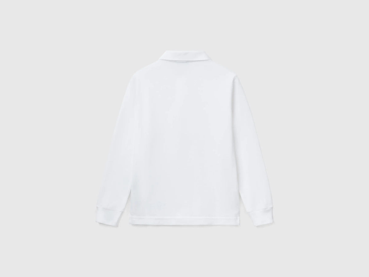 Benetton White Boys Long Sleeve Polo in Cotton SKU: 3089C300Z_101 Image 02