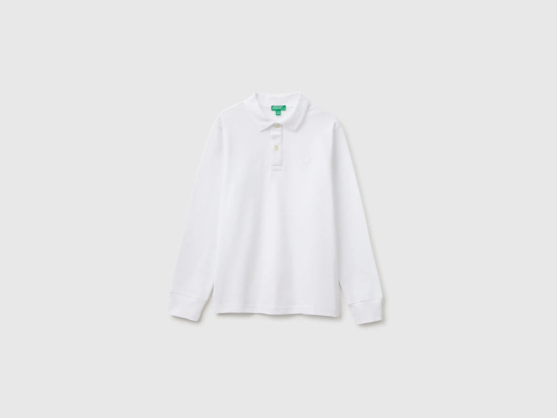 Benetton White Boys Long-Sleeved Polo Shirt in Organic Cotton SKU: 3089C302E_101 Image 01