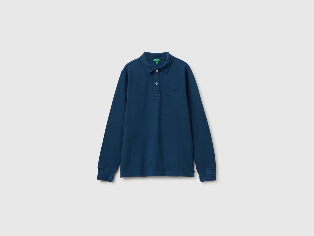 Benetton Dark Blue Boys Long-Sleeved Polo Shirt in Organic Cotton SKU: 3089C302E_37T Image 01